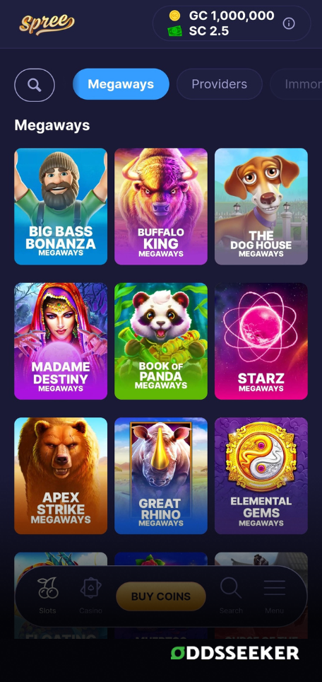 A screenshot of the mobile casino games library page for Spree Casino Review